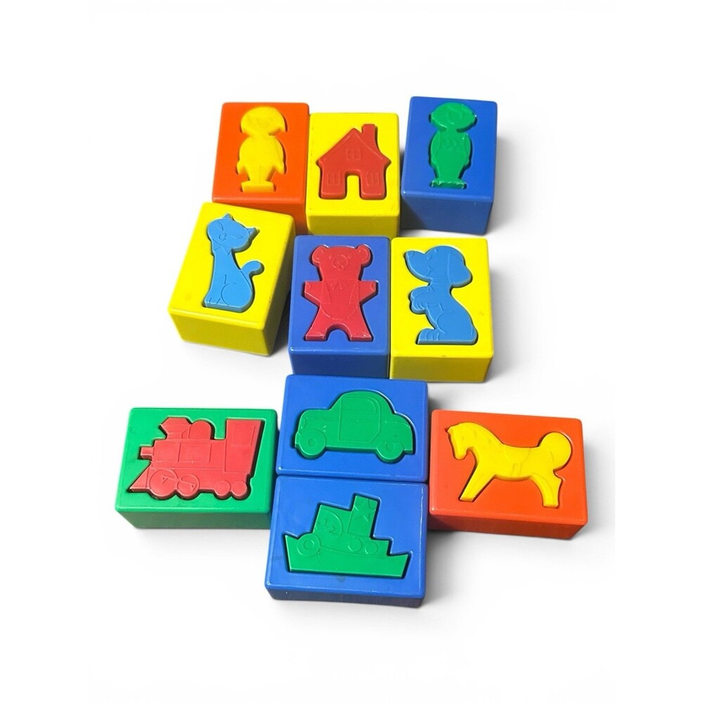 Lot of 10 Vintage KOHNER PUZZLE BLOCKS 1970’s – Matching Figures Shapes Toy